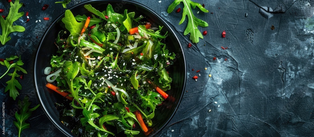 Poster A nutritious salad featuring Wakame seaweed and shredded vegetables, with a background perfect for adding text or logos: copy space image.