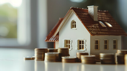 Model house with coins around it