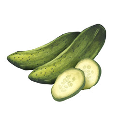 Two cucumbers with round slices. Hand drawn watercolor illustration. Gardening, growing green vegetables. Farming and agriculture. Organic food. For background, packaging, label, menu