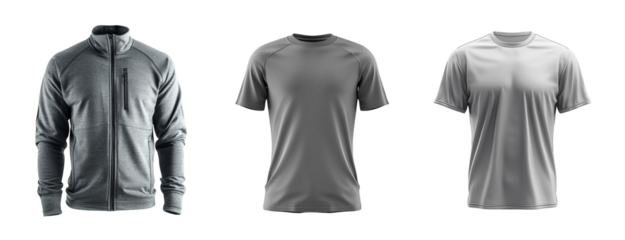 Grey apparel mockup design elements cutout set full-zip jacket t-shirt short-sleeve in different shades grey, exercise urban wear template