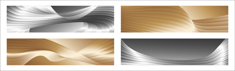 Wavy silver and gold parallel gradient lines, ribbons, silk. Set of 4 backgrounds. Black and white with shades of gray or golden silk. Banner, poster. eps vector
