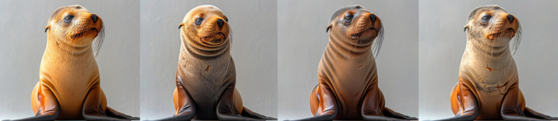 Obraz premium Photorealistic set of four different sea lion poses, sitting and standing on a white background, with full body shots taken from a wide angle, rendered in a hyper realistic