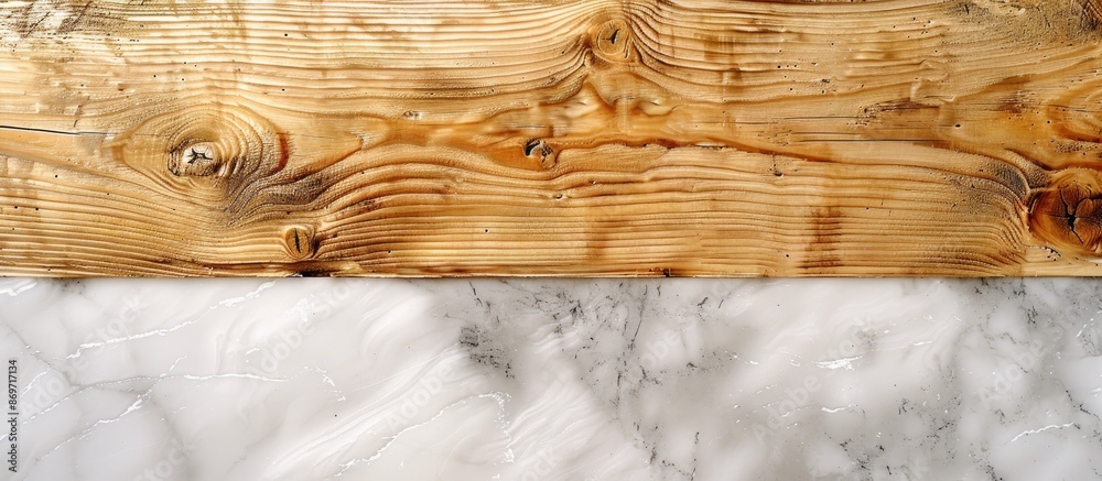 Poster Top view of a plank wood texture on a luxurious marble surface for showcasing products in interior design or graphics with a copy space image.