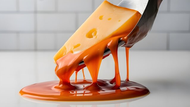 A close-up of a cheese slice in a mid-splash with dripping, melted sauce, creamy textures and vibrant colors on a clean white backdrop ideal for culinary visual content 