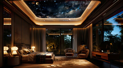 Fototapeta premium A chic bedroom with a glass ceiling revealing a starry sky, elegant furniture with soft ambient lighting, hyper-realistic and ultra-detailed 