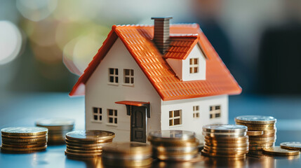 Model house with coins around it