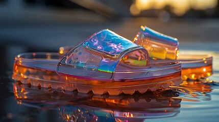 Shiny holographic summer sandals with a sleek finish, perfect for trendy and stylish summer outfits. 