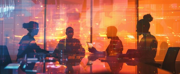 Business people discussing work in a modern office with skyscrapers outside the windows.