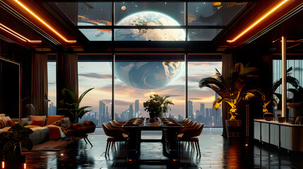 Fototapeta premium A chic dining room with a glass ceiling revealing a distant planet, elegant furniture with ambient lighting, hyper-realistic and ultra-detailed 