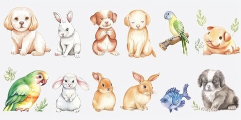 Fototapeta premium Cute watercolor illustration of a puppy, parrot, bunny, hamster and fish.