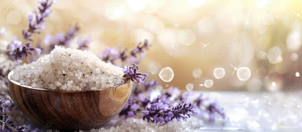 Poster spa setting with relaxing sea salt and lavender flowers, featuring a serene ambiance and a soothing 