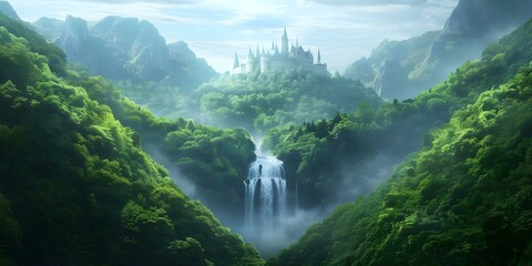 Enchanting Castle Surrounded by Waterfall Hills and Lush Forest Landscape. Concept Enchanted Castle, Waterfall Hills, Lush Forest, Magical Landscape, Captivating Scenery