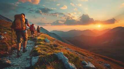 Obraz premium Mountain travel hike people adventure man summer journey tourism group sunset trekking Hike travel woman mountain walk active backpack nature together sport young trail outdoor to