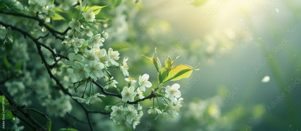 Poster In a windy spring forest, a bird cherry tree blooms, creating a picturesque scene with a copy space image.