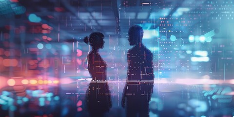 The image is a dark, futuristic cityscape