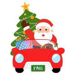 happy santa claus driving a red car and carry a christmas tree and gift box