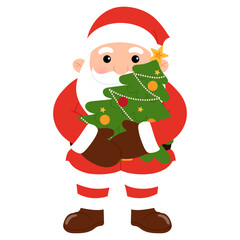 happy santa claus holding a christmas tree
