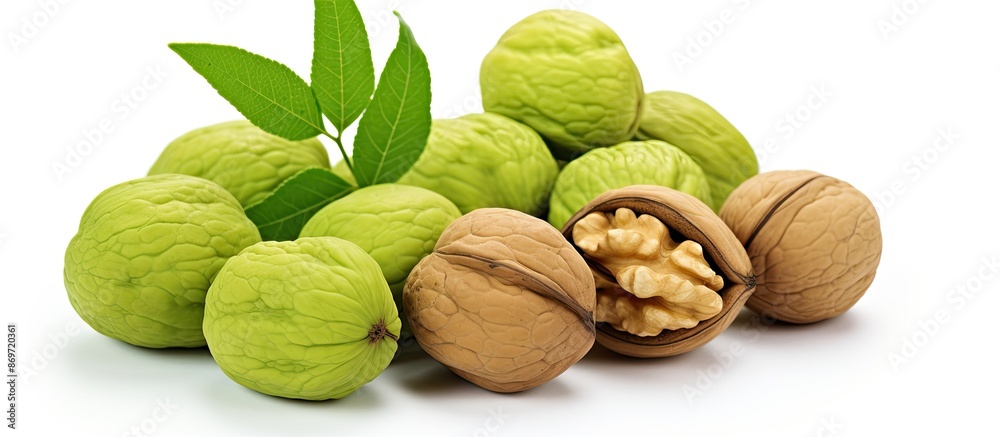 Aufkleber A detailed image showcases green immature walnuts with a blank space for adding text or graphics.