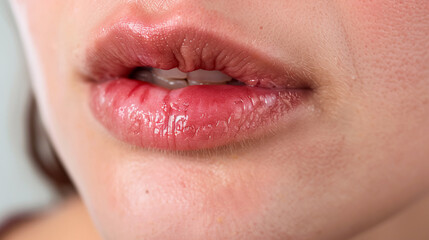 Fototapeta premium Woman lips with cold sore on lips, Both oral herpes and angular cheilitis on lips, redness, rawness, and inflammation.