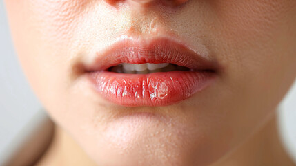Naklejka premium Woman lips with cold sore on lips, Both oral herpes and angular cheilitis on lips, redness, rawness, and inflammation.