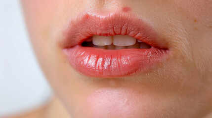 Naklejka premium Woman lips with cold sore on lips, Both oral herpes and angular cheilitis on lips, redness, rawness, and inflammation.
