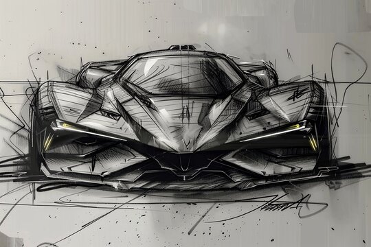 A dark charcoal sketch depicts a hypercar concept with a menacing presence. The sleek black exterior gleams with a glossy finish, contrasting with the silver accents on the wheels and front grills