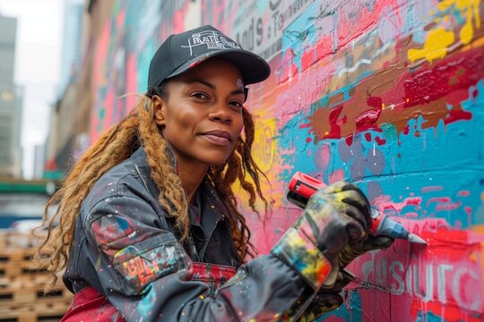 Female Artist Creates Colorful Mural in Urban Setting