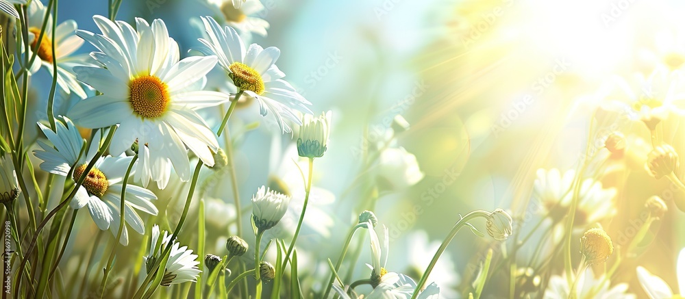 Poster sunny meadow with daisies, offering a delightful copy space image in a sunny setting.