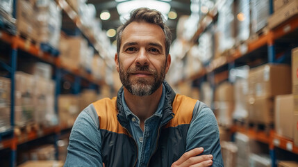 Fototapeta premium Portrait of warehouse worker in a safety vest in a large warehouse, smiling a the camera. 