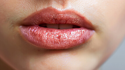 Fototapeta premium Woman lips with cold sore on lips, Both oral herpes and angular cheilitis on lips, redness, rawness, and inflammation.