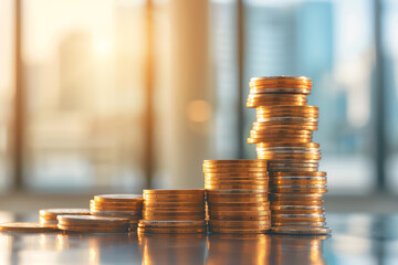 Closeup of coins stacking on a table