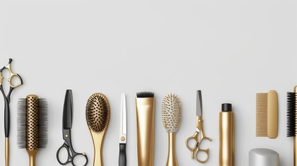A flat lay image showing a variety of gold hairdressing tools on a tan surface