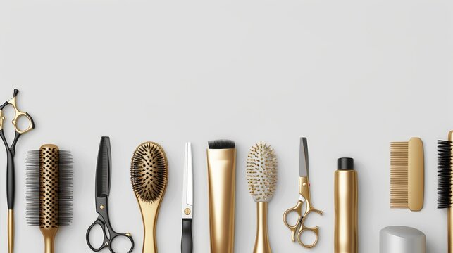 A flat lay image showing a variety of gold hairdressing tools on a tan surface
