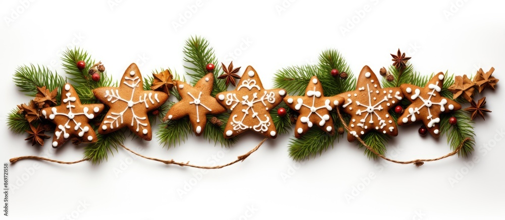 Poster Isolated Christmas fir tree cookie with a garland, ideal for use as a copy space image.