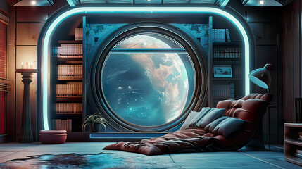Obraz premium A cozy reading corner with a view of a distant planet through a round window, minimalist design with soft blue lighting, photorealistic and ultra-detailed 