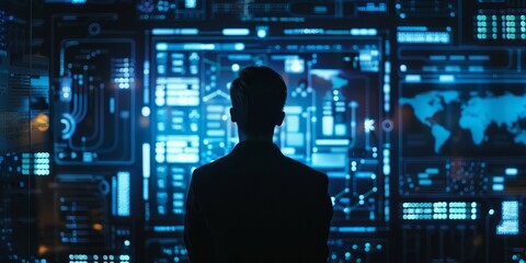 A man standing in front of a large screen with a lot of data on it.