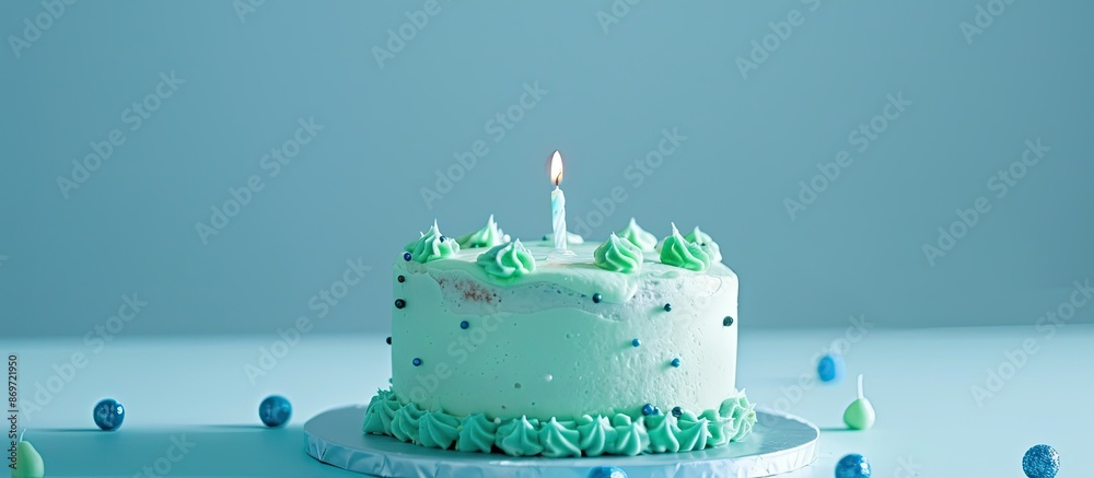 Poster copy space image of a cake adorned with abstract green and blue decorations, featuring a single cand
