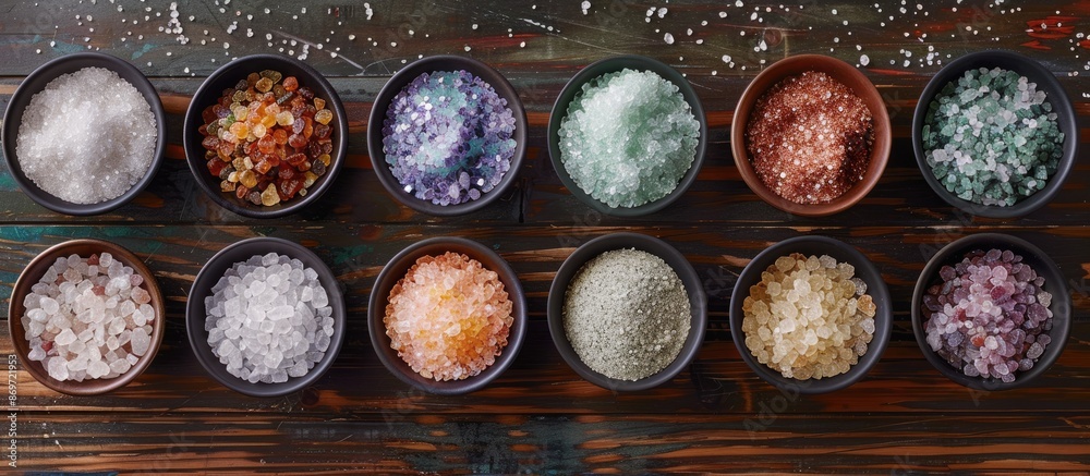 Poster A lineup of bath salts and mineral salts displayed neatly on a dark wooden table, ideal for a copy space image.