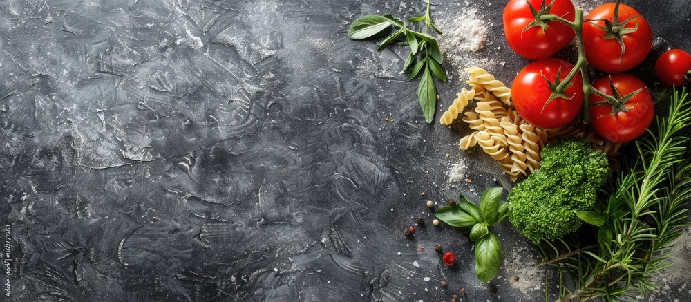 Poster Cooking essentials like pasta, tomatoes, and herbs neatly arranged on a stone table from a top-down perspective, creating a visually appealing image with available space for additional content.