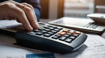 Closeup of economist using calculator while going thro