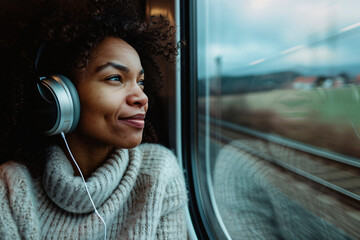 A woman wearing headphones and a cozy sweater sits by a train window, intently gazing at the scenery passing by, experiencing a moment of serene relaxation.