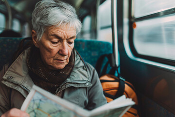 An elderly woman sits on a train with a backpack, focused intently on reading a map as she manages her travel plans, representing wisdom and adventure.