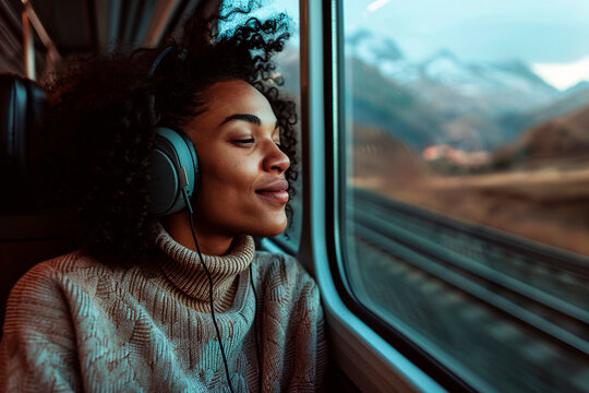 A woman with headphones enjoys a music track while riding a train, her closed eyes indicating deep contentment as she listens and travels through picturesque landscape.