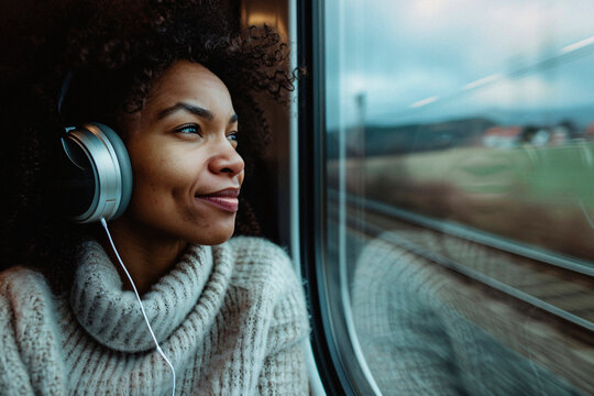 A woman wearing headphones and a cozy sweater sits by a train window, intently gazing at the scenery passing by, experiencing a moment of serene relaxation.