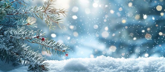 Close-up image showcasing a wide blue winter Christmas nature background frame with snow-covered fir branches, a snowdrift, blurred forest, falling snow, and ample copy space included.