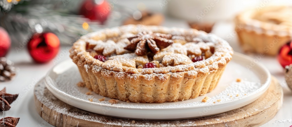 Poster A close-up view of a mince pie on a white table with a horizontal copy space image.