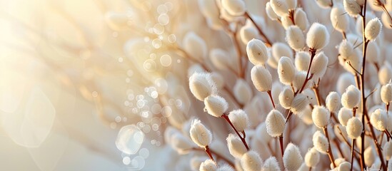 Orthodox Easter-themed background with delicate pussy-willow branches. Willow Sunday event merged with the wallpaper.Contains copy space image.