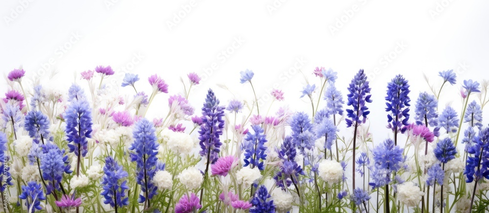 Poster a field of lilac and cornflower flowers set against a white backdrop with copy space image available