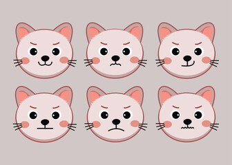 Cat pet head face icon, Vector illustration of funny cartoon cats, Cat face with various expressions and patterns vector illustration flat design