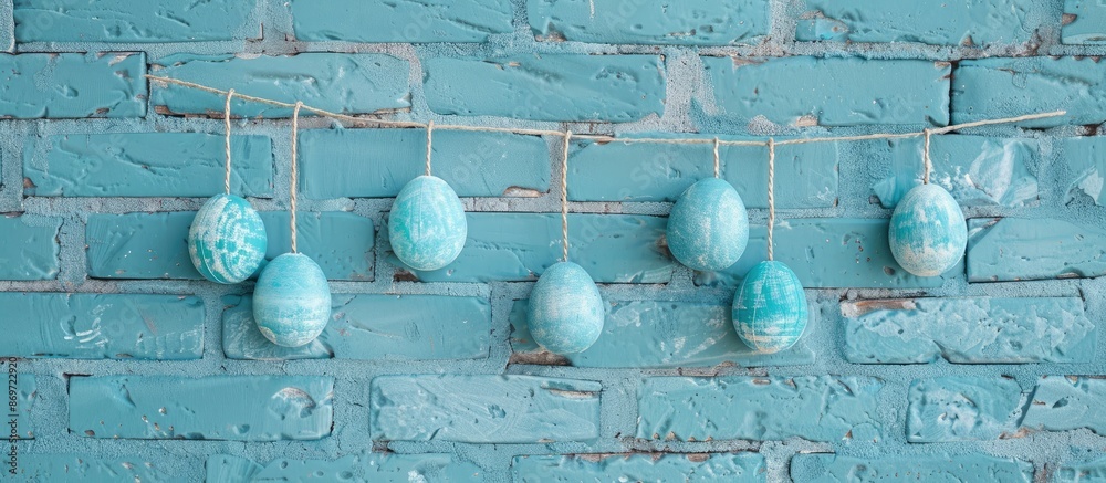 Poster Turquoise Easter eggs dangle on a string in front of a blank brick wall, with ample copy space image.